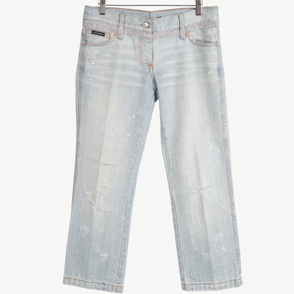 Dolce & Gabbana Light-Wash Distressed Rhinestone Cropped Jeans